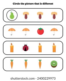 Circle the different picture. Educational game for kids. Brain teaser for preschool, kindergarten and elementary students.