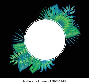 CIrcle with different tropical leaves isolated on black. Vector illustration.