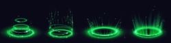 Circle Digital Portals, Neon Light Platforms With Glow And Sparkles Isolated On Black Background. Futuristic Teleport Podiums, Healing Aura For Game Interface, Vector Realistic Set