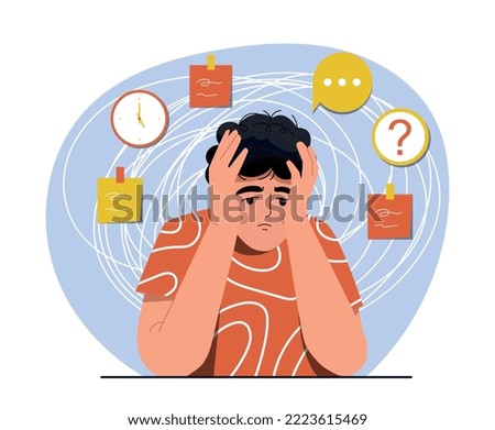 Circle of disappointment. Man sits and props his head with his hands. Frustration and depression. Emotions, gestures and facial expressions. Lonely young guy. Cartoon flat vector illustration