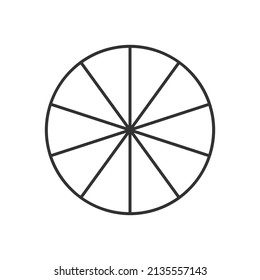 Círculo dividido en 10 segmentos aislados sobre fondo blanco. La forma redonda de la pizza o el pie se corta en diez partes iguales en forma de contorno. Ejemplo sencillo de organigrama. Ilustración lineal del vector