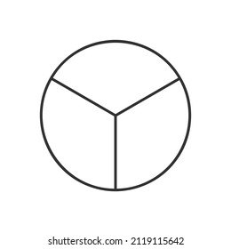 Círculo dividido en 3 segmentos. La forma redonda de la pizzería o de la pizza se corta en tres rodajas iguales en forma de contorno. Ejemplo simple de organigrama aislado en fondo blanco. Ilustración lineal del vector
