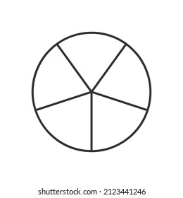 Círculo dividido en 5 segmentos. La forma redonda de la pizza o el pie se corta en cinco rodajas iguales en forma de contorno. Ejemplo simple de organigrama aislado en fondo blanco. Ilustración lineal del vector