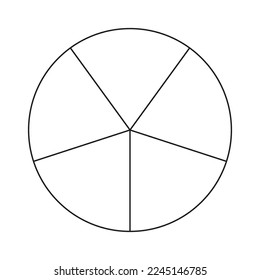 Círculo dividido en 5 segmentos. Pizza o forma redonda circular en partes iguales. Estilo de esquema. Gráfico simple.