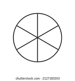 Círculo dividido en 6 segmentos aislados sobre fondo blanco. La forma redonda de la pizzería o de la pizza se corta en seis partes iguales en forma de contorno. Ejemplo sencillo de organigrama. Ilustración lineal del vector