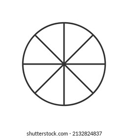 Círculo dividido en 8 segmentos. La forma redondeada de la pizzería o de la pizza se corta en ocho rodajas iguales en el estilo de contorno. Plantilla simple de organigrama. Ilustración lineal vectorial.