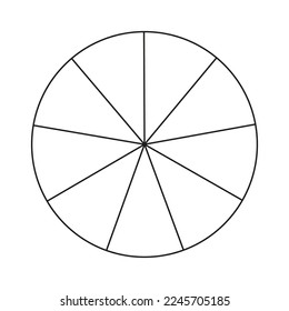 Circle divided in 9 segments. Pizza or pie round shape cut in equal slices. Outline style. Simple chart.