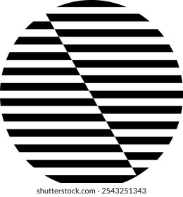 A circle divided diagonally with horizontal black stripes creating an optical illusion effect on a white background. The parallel lines on each half are offset to create a dynamic split pattern.