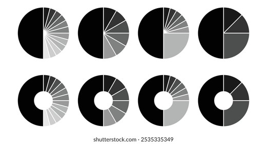 Conjunto de diagramas divididos em círculo. Ícone do gráfico gráfico de seção da forma de pizza. 1, 2, 3, 10, 7, 8, gráfico ícone de pizza forma gráfico seção gráfico. Infográfico de divisão de vetor circular de segmento. Ilustração vetorial. EPS 10