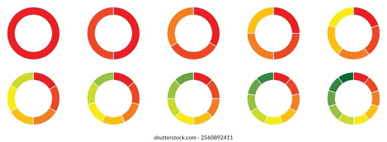 Circle divided diagram set. Graph icon pie shape section chart. 2, 3, 4, 5, 6, 7, 8, 9, graph icon pie shape section chart. Vector illustration. Segment circle round vector 5, 6, 9 divide infographic