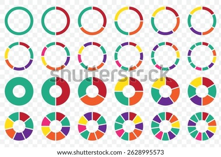 Circle divided diagram set. Graph icon pie shape section chart. 1, 2, 3, 10, 7, 8, graph icon pie shape section chart. Segment circle round vector 5, 6, 9 divide infographic. Vector illustration.EPS10