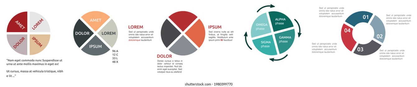 Circle divided in four equal parts, different versions - infographics element