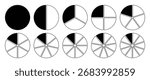 Circle divided into 1 to 10 equal parts icon set in black color with outline. Fraction pie shape section diagram chart. Circle segmented in 1-10 parts graph icon in black isolated on white background