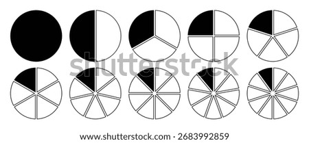 Circle divided into 1 to 10 equal parts icon set in black color with outline. Fraction pie shape section diagram chart. Circle segmented in 1-10 parts graph icon in black isolated on white background