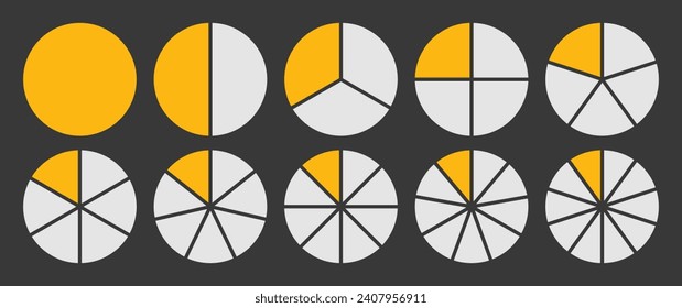 Círculo dividido en un conjunto de iconos de 1 a 10 piezas.  Diagrama de segmentos de círculo completo en gráfico de sección de forma circular de icono de gráfico de 1 a 10 partes en color amarillo y blanco. Círculo dividido en diez partes infográficas.