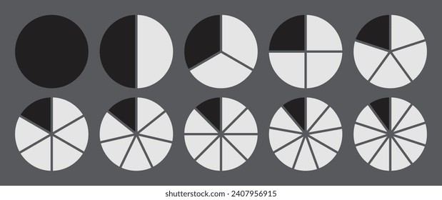 Circle divided into 1-10 parts icon set.  Full circle segment diagram in 1-10 parts graph icon pie shape section chart in black and white color. Circle divided in ten parts infographics.