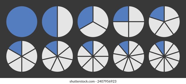 Circle divided into 1-10 parts icon set.  Full circle segment diagram in 1-10 parts graph icon pie shape section chart in blue and white color. Circle divided in ten parts infographics.