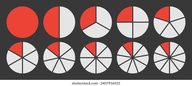 Circle divided into 1-10 parts icon set.  Full circle segment diagram in 1-10 parts graph icon pie shape section chart in red and white color. Circle divided in ten parts infographics.