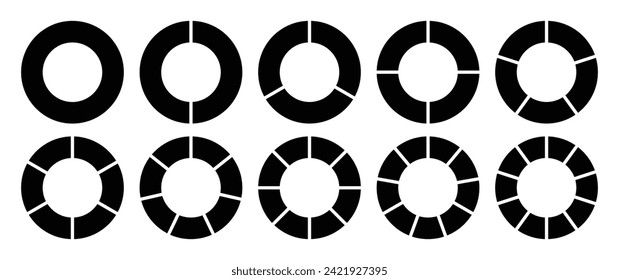 Circle divided into 1-10 parts in black color. Hollow circle segmented into 1-10 parts diagram graph icon set. Pie shape section chart in ten parts black colour. Hollow circle divided in ten parts.