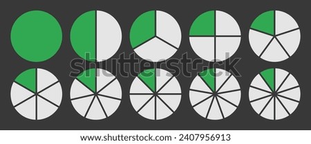 Circle divided into 1-10 parts icon set.  Full circle segment diagram in 1-10 parts graph icon pie shape section chart in green and white color. Circle divided in ten parts infographics.