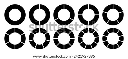 Circle divided into 1-10 parts in black color. Hollow circle segmented into 1-10 parts diagram graph icon set. Pie shape section chart in ten parts black colour. Hollow circle divided in ten parts.