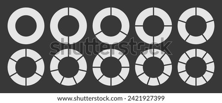 Circle divided into 1-10 parts in white color. Hollow circle segmented into 1-10 parts diagram graph icon set. Pie shape section chart in ten parts white color. Hollow circle divided in ten parts.