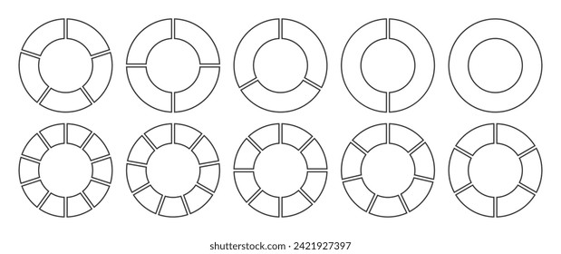 Circle divided into 1-8 parts in black color outline. Hollow circle segmented into 1-10 parts diagram graph icon set. Pie shape section chart in ten parts in black color outline.