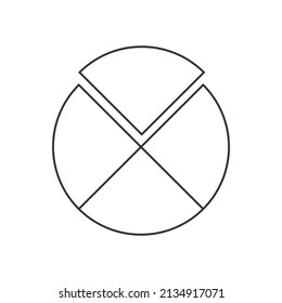 Circle divided into 4 segments. Pie or pizza shape cut in four equal parts in outline style. Round statistics chart example isolated on white background. Vector linear illustration