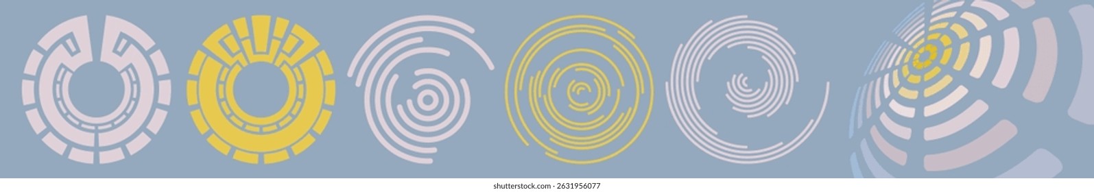 The circle is divided into 8 equal sectors or segments. Sound signal. Circular elements made of lines with rotating effect. Design element with swirls. Vector for cover, business, tech or science.