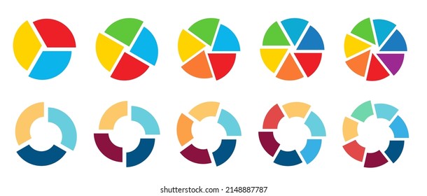 Circle divided into equal segments shifted slightly off centre - version with three to seven pieces, can be used as infographics element