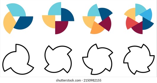Círculo dividido en segmentos iguales rotados y desplazados fuera del centro - versión con tres a seis piezas, se puede usar como elemento infográfico