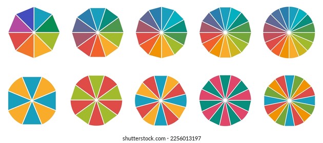 Circle divided into equal triangles or pies, version with 8 to 16 segments, can be used as infographics element