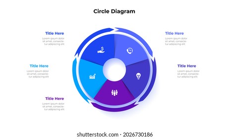 Circle divided into five parts with arrows around. Template for cycle business presentation. Vector infographic design illustration with 5 options.