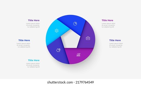 Circle divided into five parts. Template for cycle business presentation. Vector infographic design illustration with 5 options.