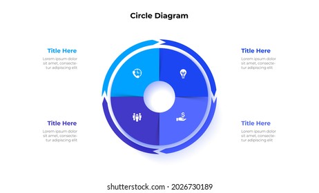 Circle divided into four parts with arrows around. Template for cycle business presentation. Vector infographic design illustration with 4 options.