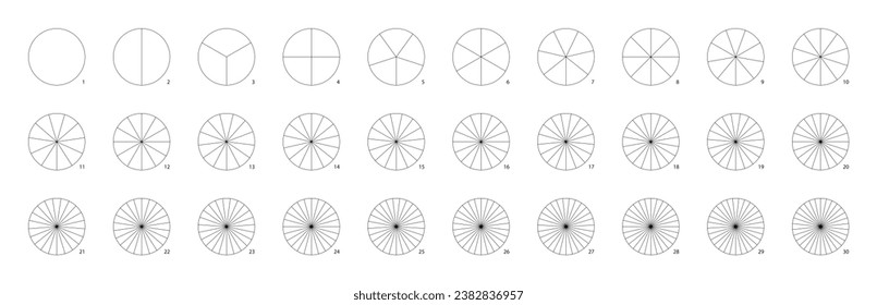 Circle divided into sectors or parts. Pie chart math infographics to show fraction, division, percentage of segments. Equal pizza pieces or slices