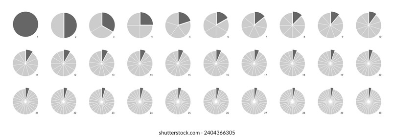 Circle divided into sectors or parts. Pie chart math infographics to show fraction, division, percentage of segments. Equal pizza pieces or slices