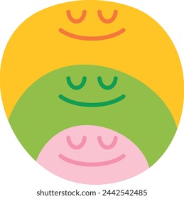 Circle divided into three colored sections with simple, smiling faces, symbolizing companionship and good relations.
