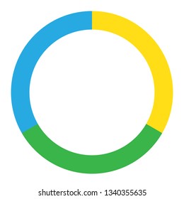 Circle divided into three equal parts colored, section one hundred and twenty degrees vector