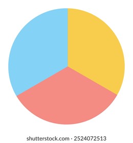 Círculo dividido em três segmentos iguais. Três partes, um terceiro círculo de fração. Azul celeste, amarelo-dourado e cores de coral claro. Ilustração vetorial