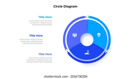 Circle divided into three parts with arrows around. Template for cycle business presentation. Vector infographic design illustration with 3 options.