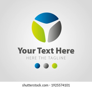 Circle divided in three pieces of different colors blue green and grey logo. Ready logo