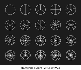 El círculo se divide en partes de 1 a 20. Formas redondeadas cortando en cortes iguales. Conjunto de gráficos del sector blanco. Plantillas de cartón, pizza o gráfico de tartas aisladas en fondo negro. Ilustración del contorno del vector