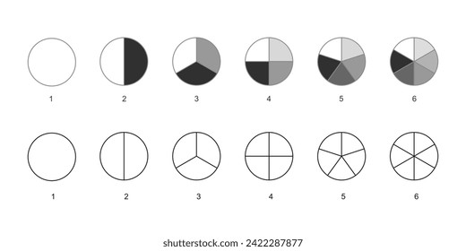 Circle divides into parts from 1 to 6. Donut, pizza or pie chart templates. Round shapes cut in equal slices. Set of wheel diagrams isolated on white background. Vector outline illustration