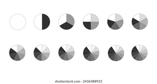 Circle divides into slices from 1 to 12. Donut or pie chart templates. Round shapes cut in equal parts. Set of segmented wheel diagrams isolated on white background. Vector graphic illustration.