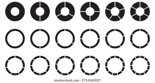 El círculo se divide en 1 a 9 partes iguales. Símbolo de parte de diagrama redondo de rueda. Infografía elemento de forma redonda, Formas de círculo semicircular cuarto. Conjunto de círculo segmentado negro.
