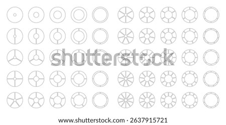 Circle division from 1 to 10 equal parts. Segmented diagrams. Coaching empty blank. Pie, pizza chart icons. Set of black thin Infographics patterns. Wheel round divided. Section graph. Donut charts.