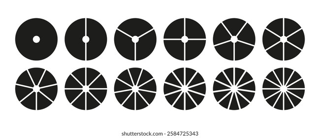 Circle division from 1 to 12 on equal parts. Wheel round divided diagrams with segments. Infographic set. Coaching blank. Circle section graph. Pie chart icons. Geometric elements.