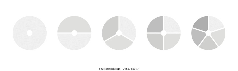 Circle division, 1, 2, 3, 4, 5 equal parts. Set of wheel diagrams with one, two, three, four, five segments. Infographic template. Vector illustration.