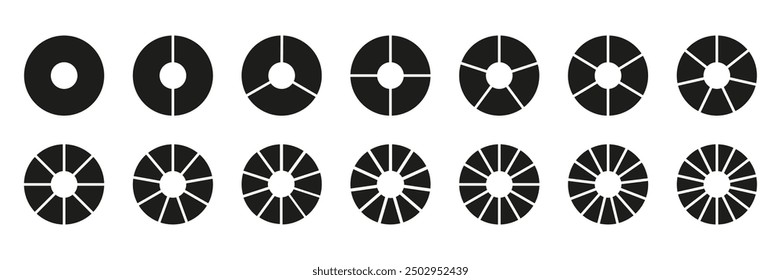 Círculo división 1, 2, 3, 4, 5, 6, 7, 8, 9, 10, 11, 12, 13, 14 partes iguales. Segmentos de diagramas divididos redondos. Conjunto de infografía. Entrenamiento en blanco. Gráfico circular. Equilibrio de estilo de vida. Plantilla de la vida de la rueda.